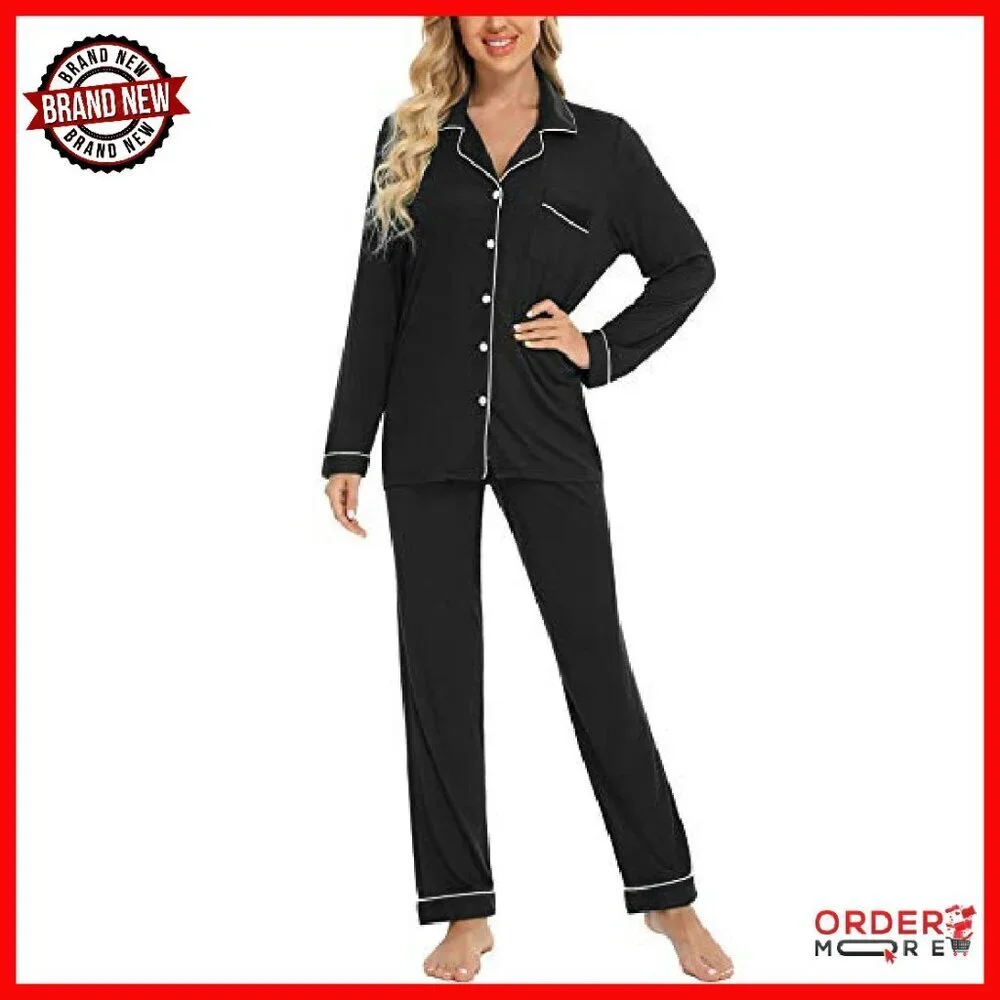 Soft Button Up Pajama Set Long Sleeve Shirt & Pants Lounge Wear